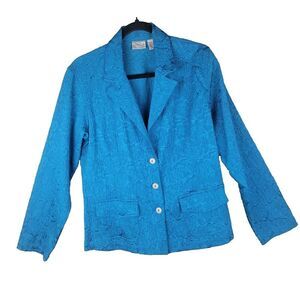 Chicos Blue Textured Crinkle Blazer Jacket Size 1 Button Front